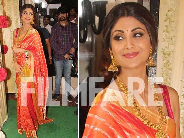 Shilpa Shetty looks her stylish best in a pre-draped leheriya saree!