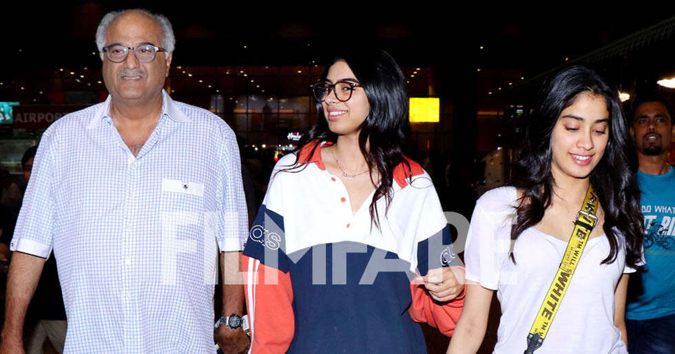 Janhvi, Khushi and Boney Kapoor return to Mumbai from Singapore ...