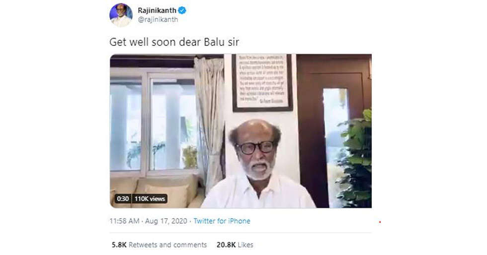 Rajinikanth says he is happy SP Balasubrahmanyam is out of danger ...