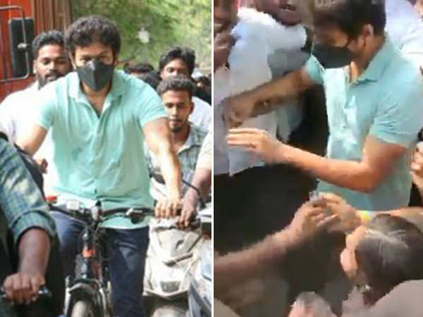 Vijay rides a bicycle to his voting booth for Tamil Nadu elections; gets mobbed!