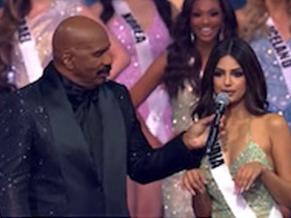 Harnaaz Sandhu reaction to Steve Harvey asking her to do a cat impression on stage