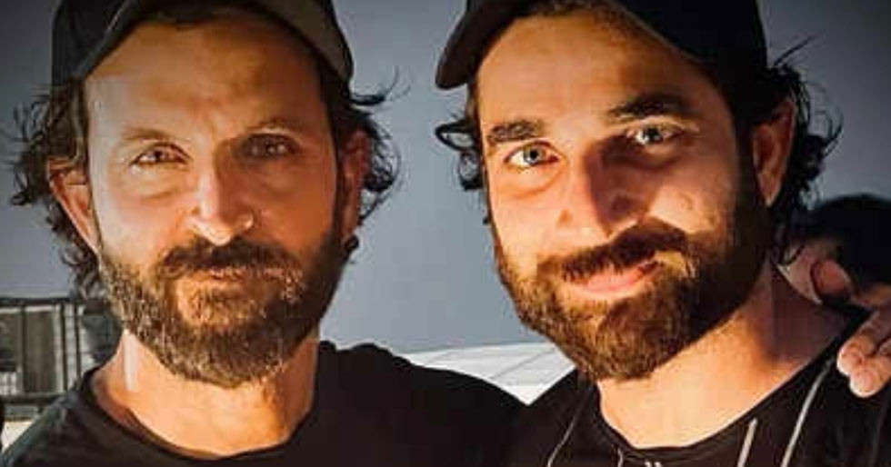 Hrithik Roshan poses with his body double on the sets of Vikram Vedha
