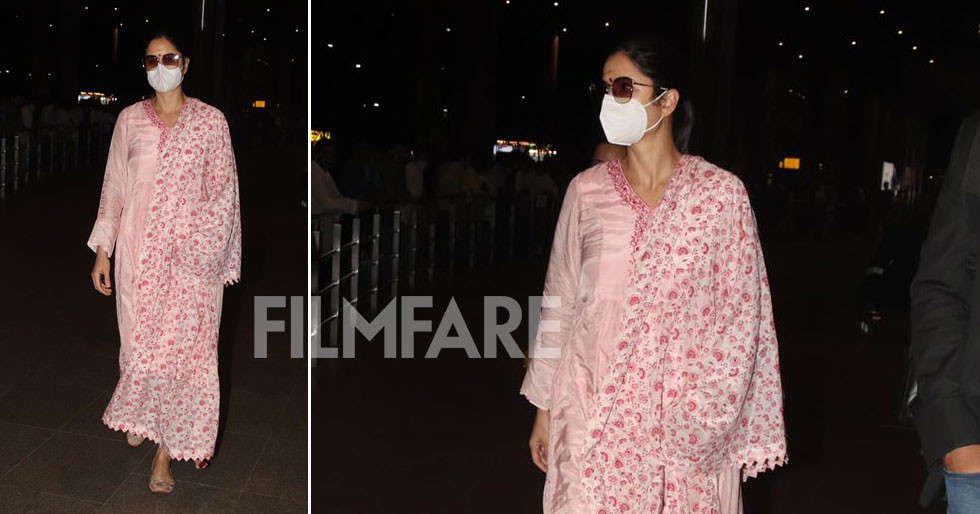 Katrina Kaif clicked in a soothing pink floral ethnic suit at the airport