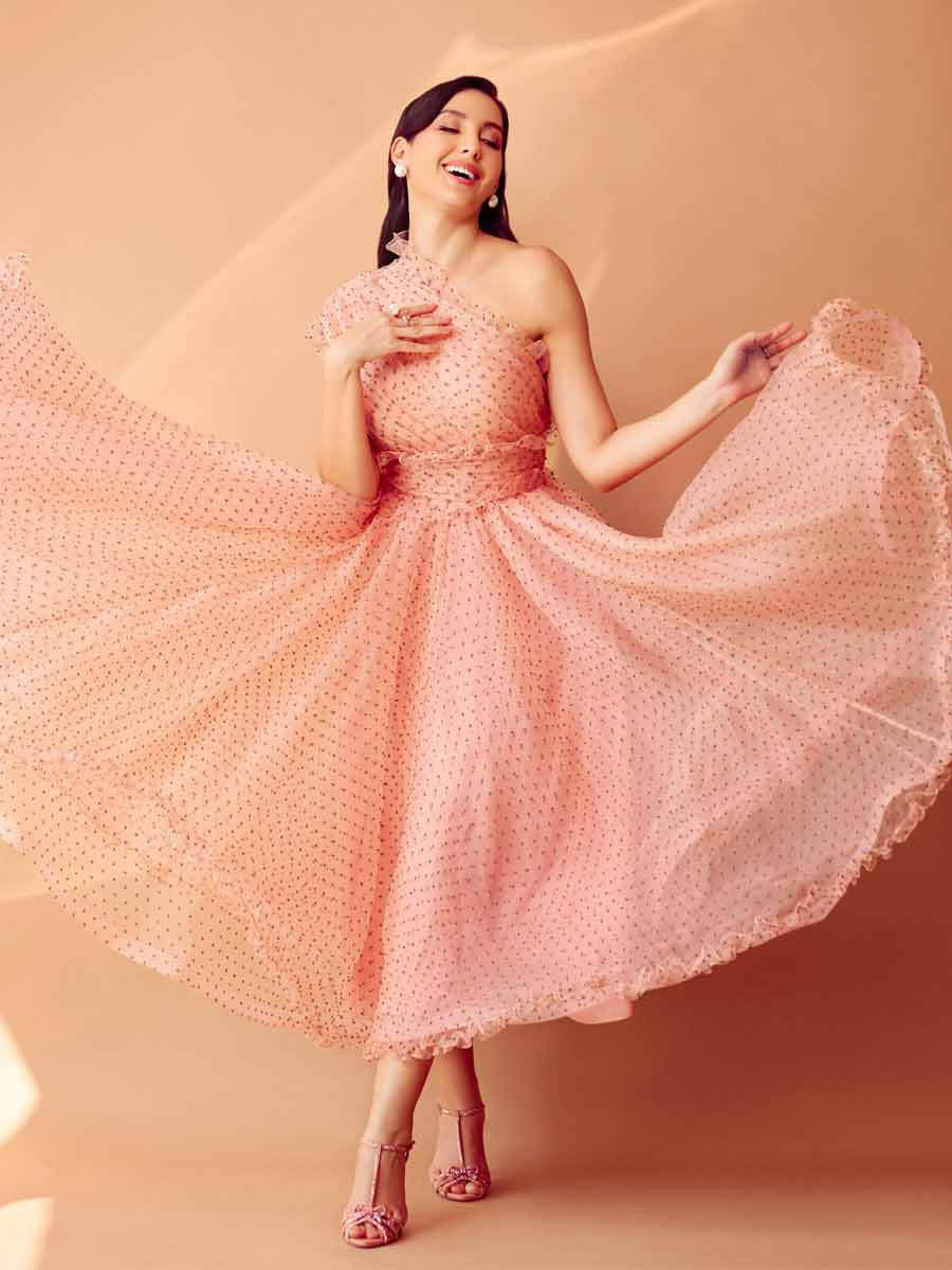 Nora Fatehi Peach Dress.