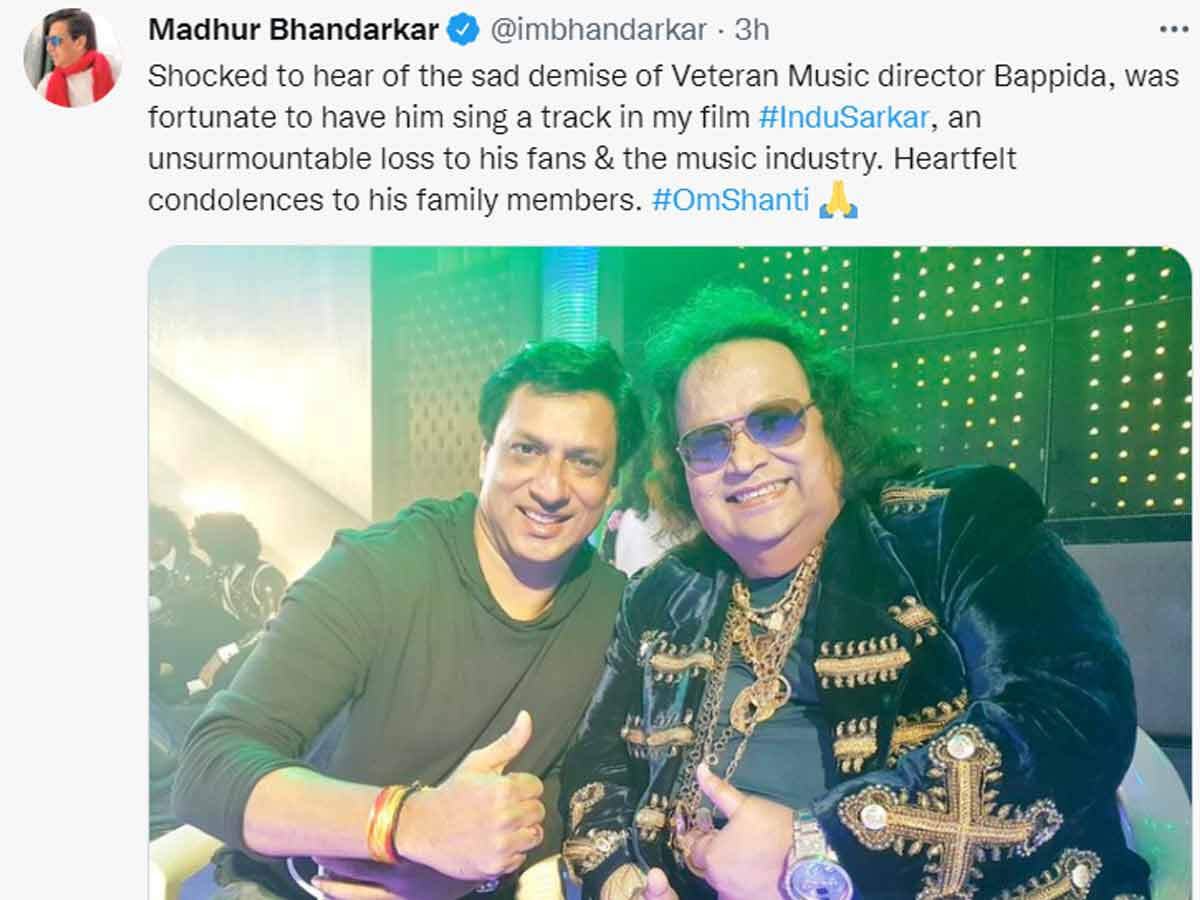 Madhur Bhandarkar's twitter post for Bappi Lahiri.