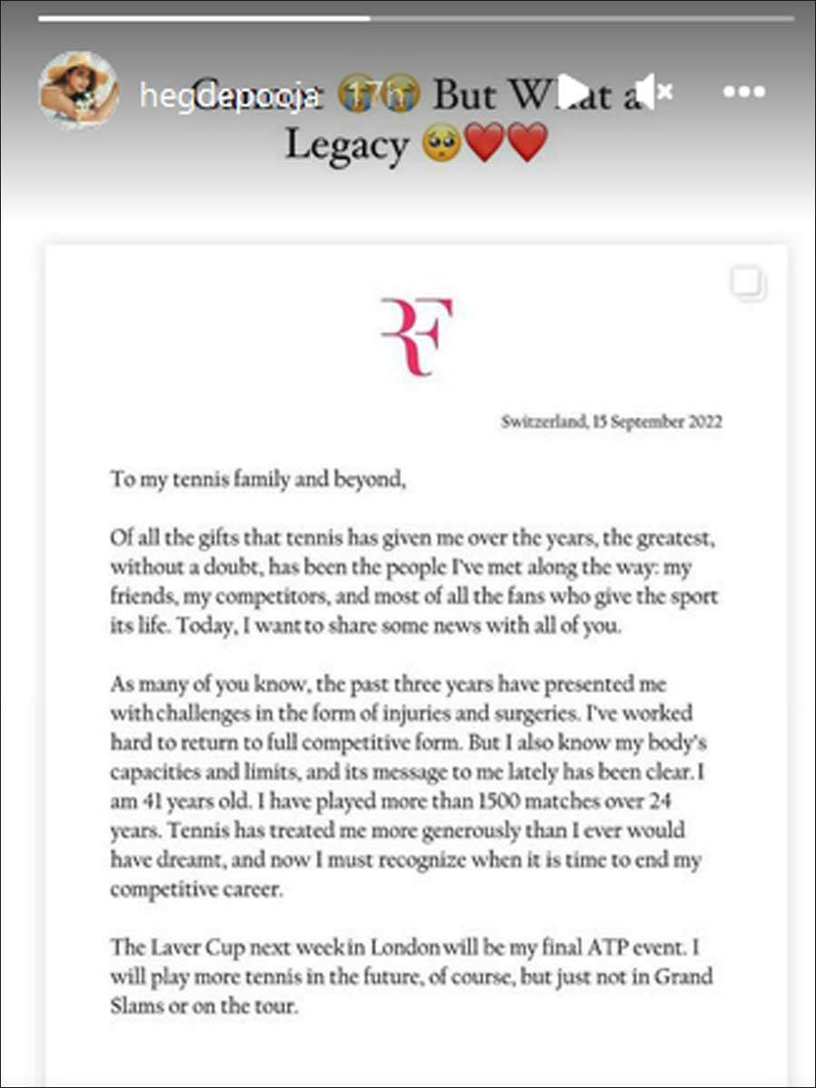 Pooja Hegde posts about Roger Federer's retirement