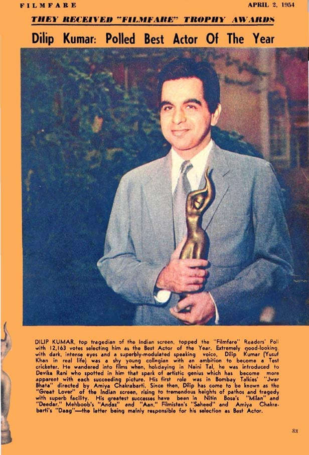 Dilip Kumar was the first actor to be honoured with Filmfare Award For Best Actor