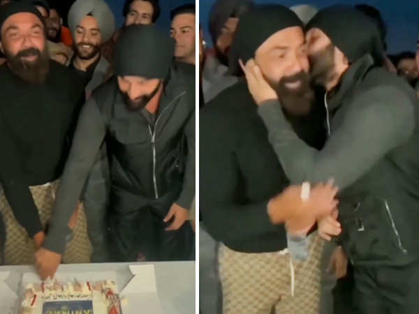 Ranbir Kapoor pecks Bobby Deol's cheeks at Animal's wrap-up party in London