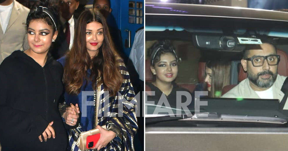 Abhishek Bachchan, Aishwarya Rai Bachchan and Aaryadhya Bachchan get clicked outside her school