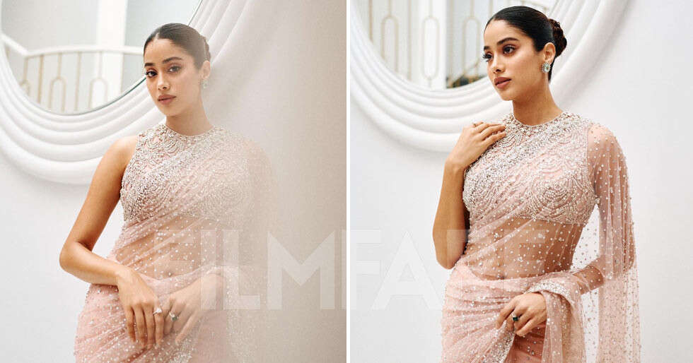 Janhvi Kapoor dazzles in an embellished peach saree at an event. Pics: