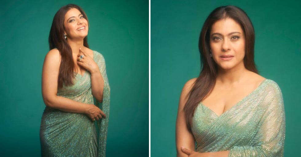 PICS: Kajol’s aqua-hued shimmery saree makes for the perfect holiday attire