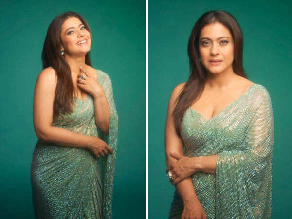 PICS: Kajol’s aqua-hued shimmery saree makes for the perfect holiday attire