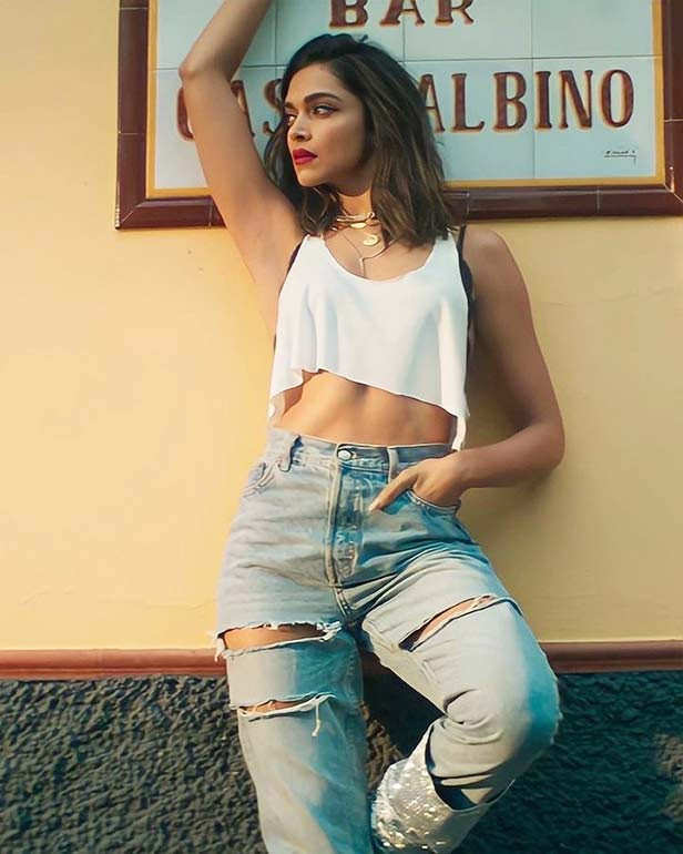 Deepika Padukone - Classic white crop top and ripped jeans