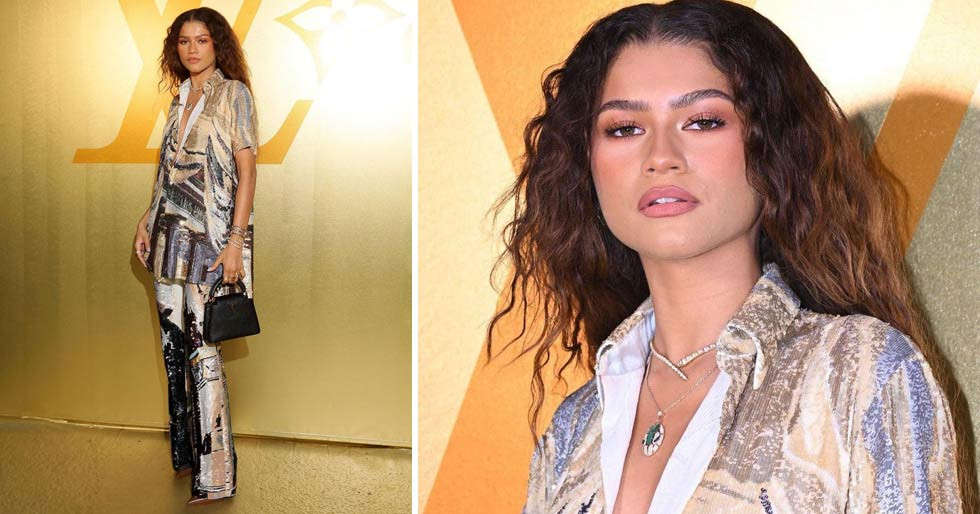 Zendaya aces a shimmering prints pantsuit as she attends a fashion show ...
