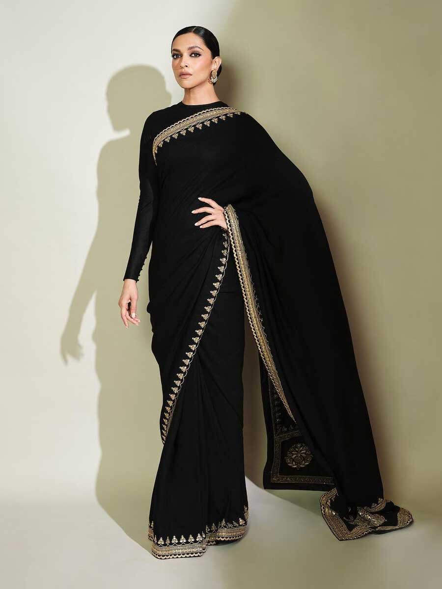 Buy Now Partywear Black Bollywood Sarees With Golden Floral Embroidery Work  Deepika Padukone's Designer Bollywood Sarees – Lady India