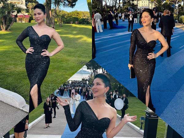 Sunny Leone looks stunning in a black shimmery gown at Cannes 2023