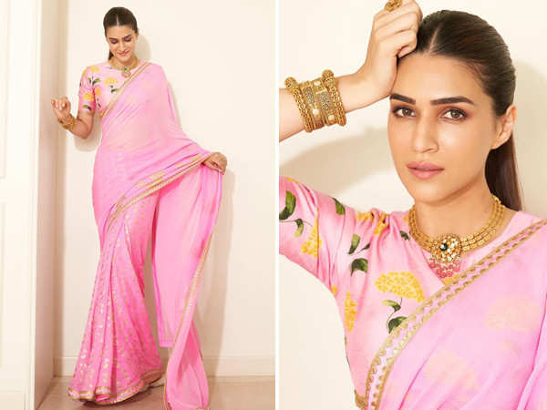 Kriti Sanon stuns in a pretty pink saree with a floral blouse. See