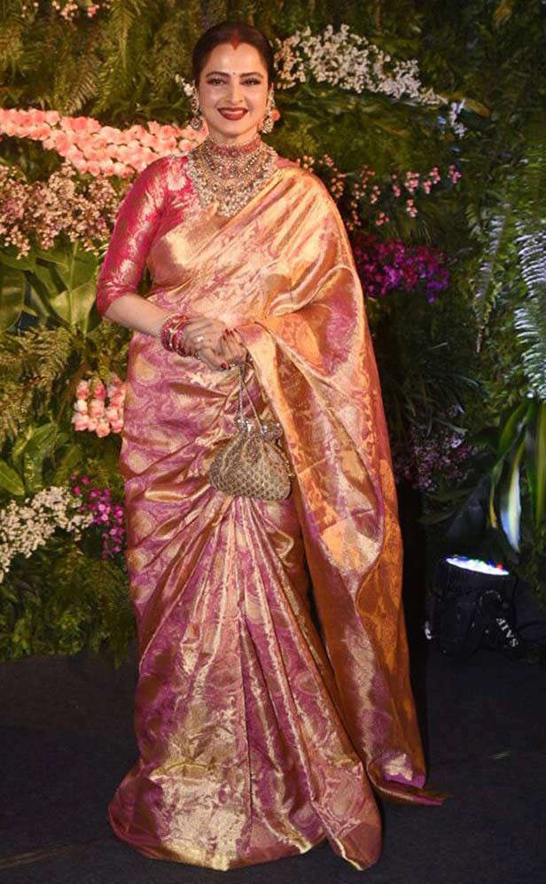 Rekha's Pink and Gold hue Saree Looks