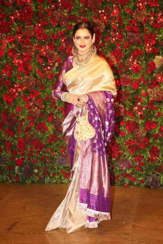 Rekha's Purple and cream Saree Looks