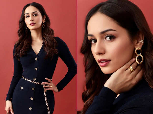 Manushi Chhillar looks stunning in a navy bodycon dress for The Great Indian Family promotions