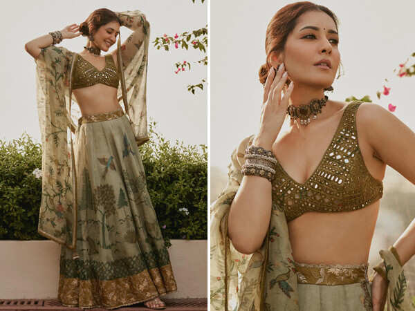 Raashii Khanna looks ethereal in a floral olive green lehenga at Yodha's Hyderabad promotions