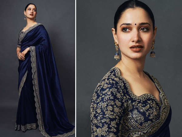 Tamannaah Bhatia serves elegance in a midnight blue saree