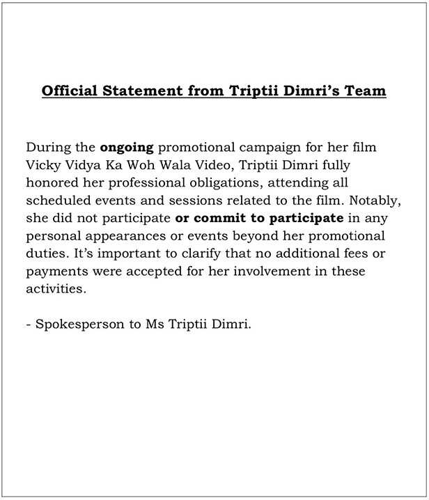 Triptii Dimri’s spokesperson issues clarification amid event controversy