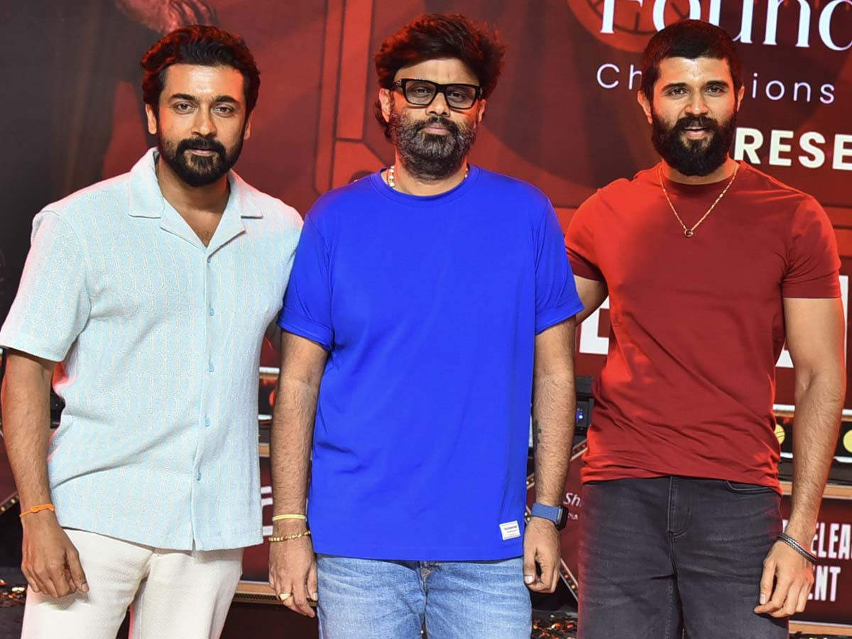 actors Suriya Sivakumar and Vijay Deverakonda with director Shiva Nirvana at the pre-release event for the movie