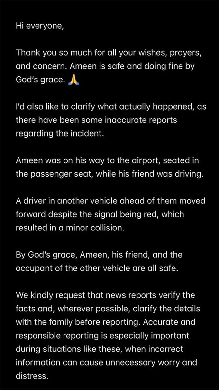 Rahman’s son AR Ameen breaks silence on the car accident