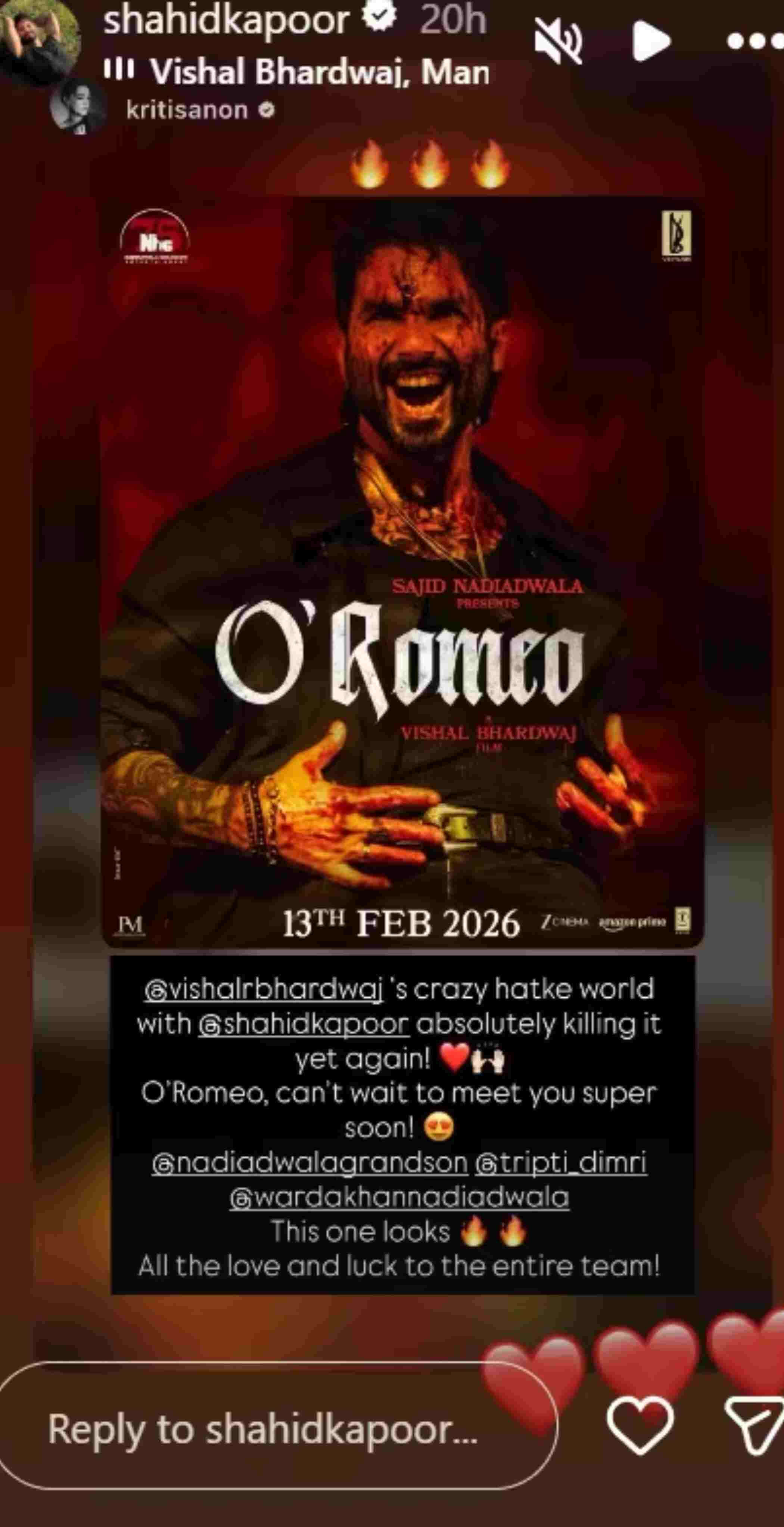 Kriti Sanon has added her voice to the growing buzz around Shahid Kapoor’s upcoming film O’Romeo. Her reaction is as enthusia