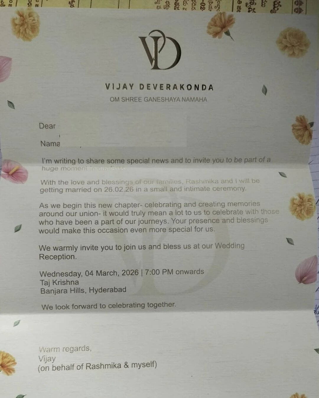 Vijay rashmika wedding invite