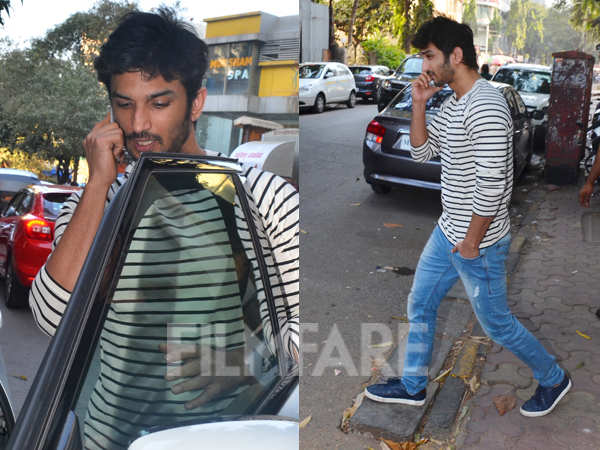 Sushant  Singh Rajput looks cool in a striped tee and blue denims