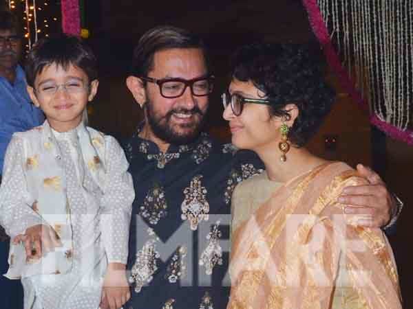 Aamir Khan with wife Kiran Rao and son Azad at his Diwali bash