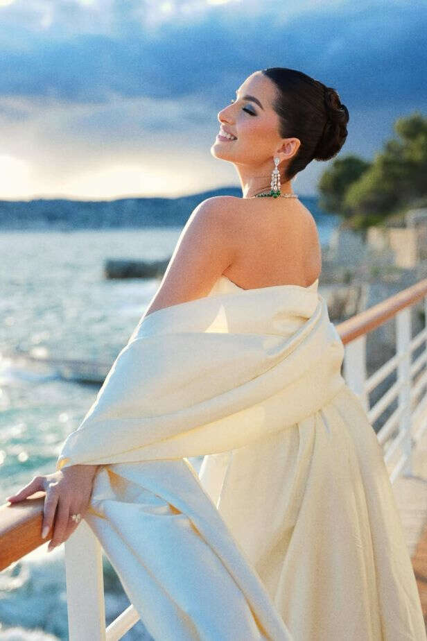 Tara Sutaria Stuns in Ivory Satin Gown with Emerald Jewels at Cannes