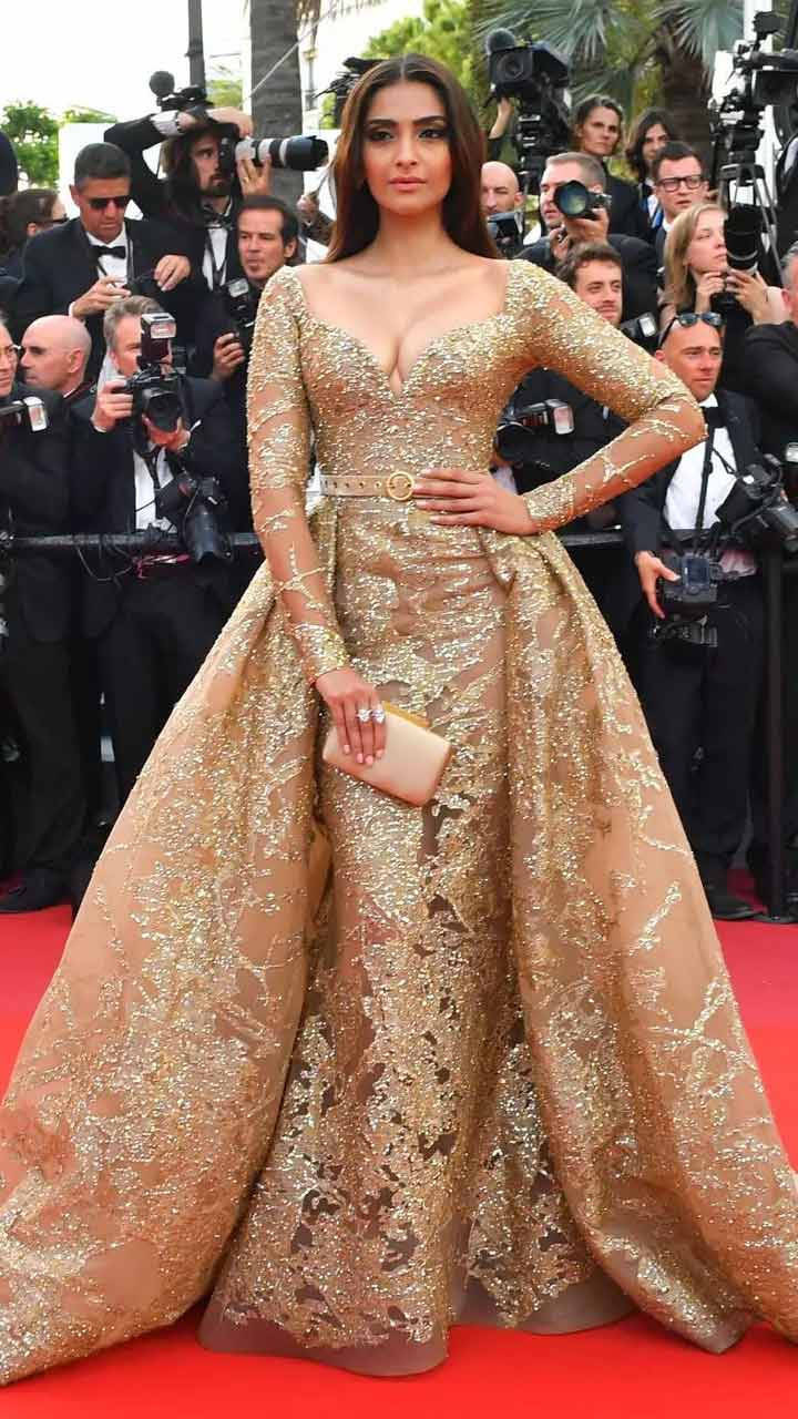 Sonam Kapoor Red Caped Evening Prom Gown Bollywood NRI of the Year Awards -  TheCelebrityDresses